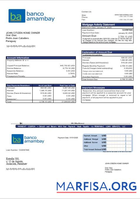 Printable Paraguay Banco Amambay bank mortgage statement in Word and PDF formats download for verification
